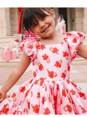Ivy City Co. Mini Pink Girls Dress with Red Floral Bow Print Candy Canes Size 8